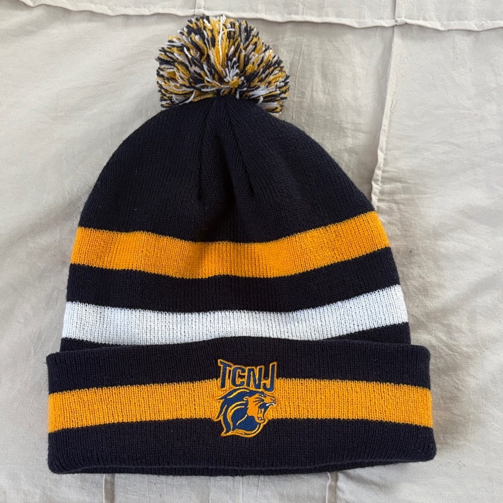 Navy and Gold Pom Beanie Hat